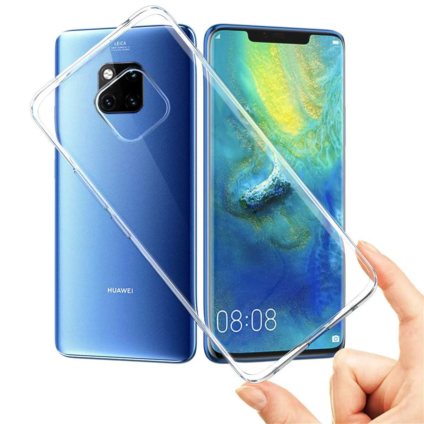 Klares, transparentes Silikon-Case wird auf ein blaues Huawei Mate 20 Pro aufgesetzt.