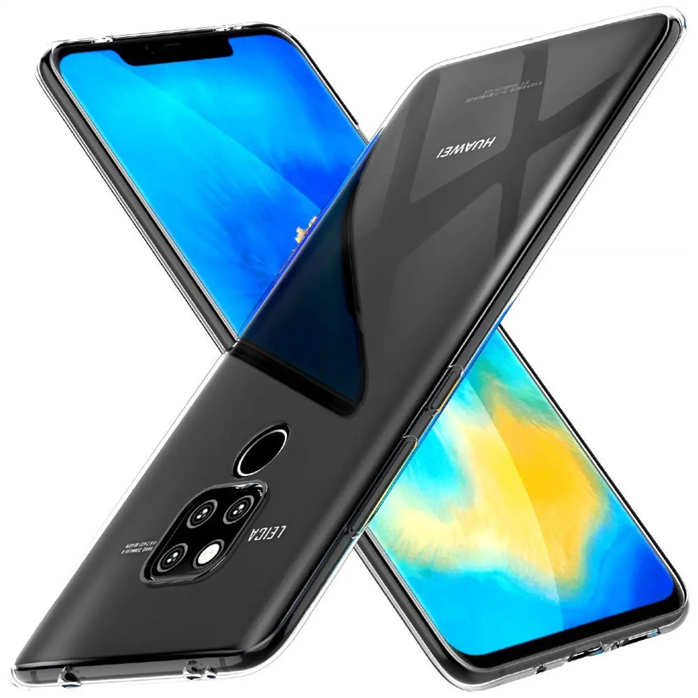 Klares Huawei Mate 20 Case aus Kunststoff, von schräg oben, Rückseite sichtbar.