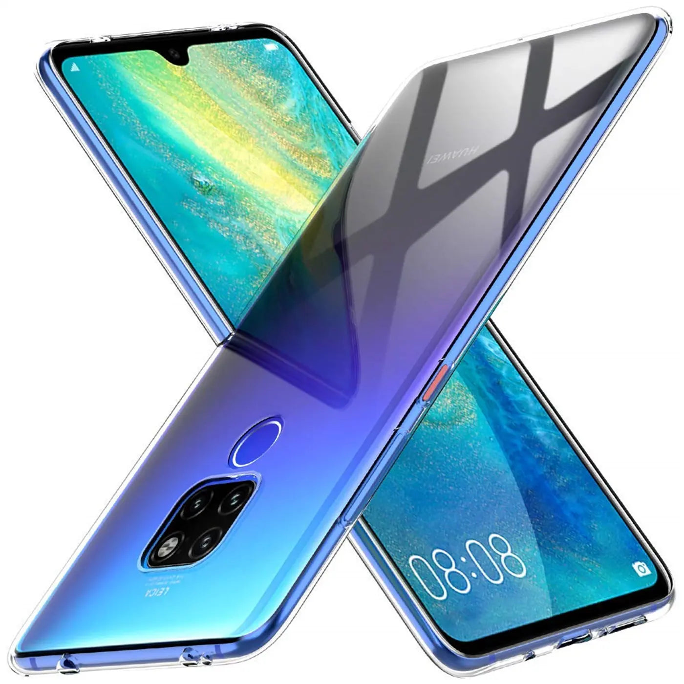 Zwei Huawei Mate 20 Smartphones mit transparenten Hüllen, von schräg oben fotografiert.
