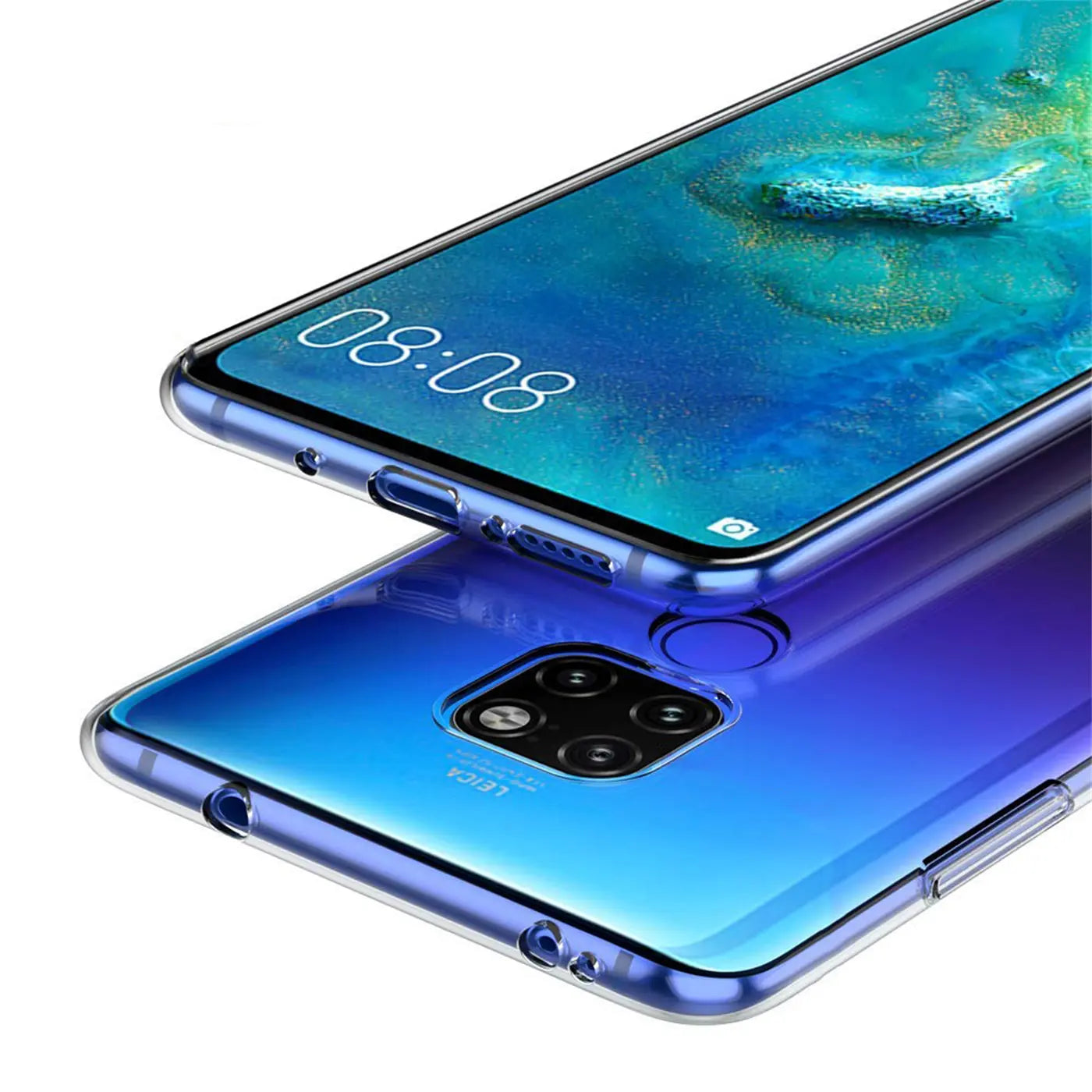 Klar, transparentes Huawei Mate 20 Case, von oben/seitlich, aus Kunststoff.