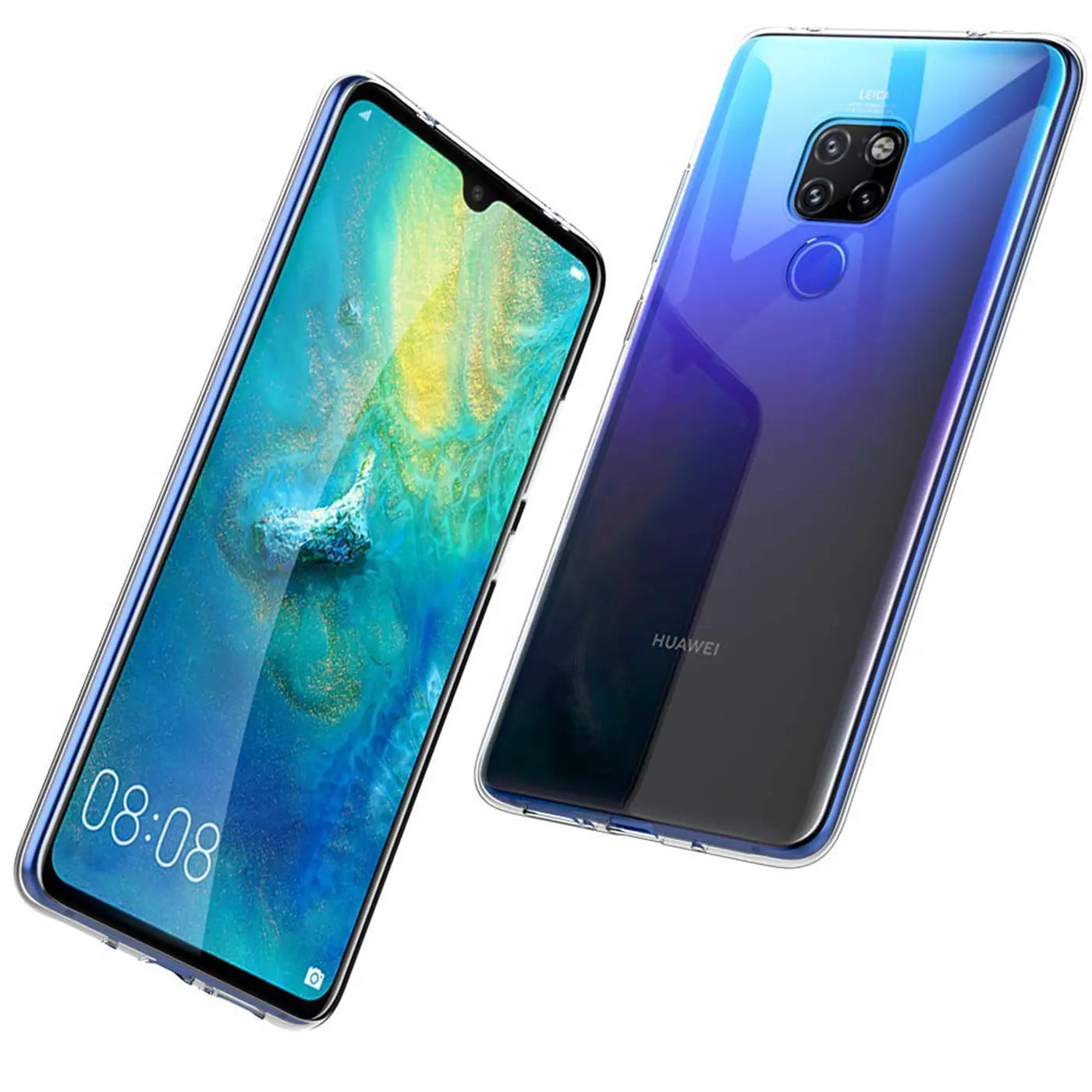Klares, dünnes Handyhülle aus Kunststoff, zeigt Vorder- und Rückseite eines Huawei Mate 20.