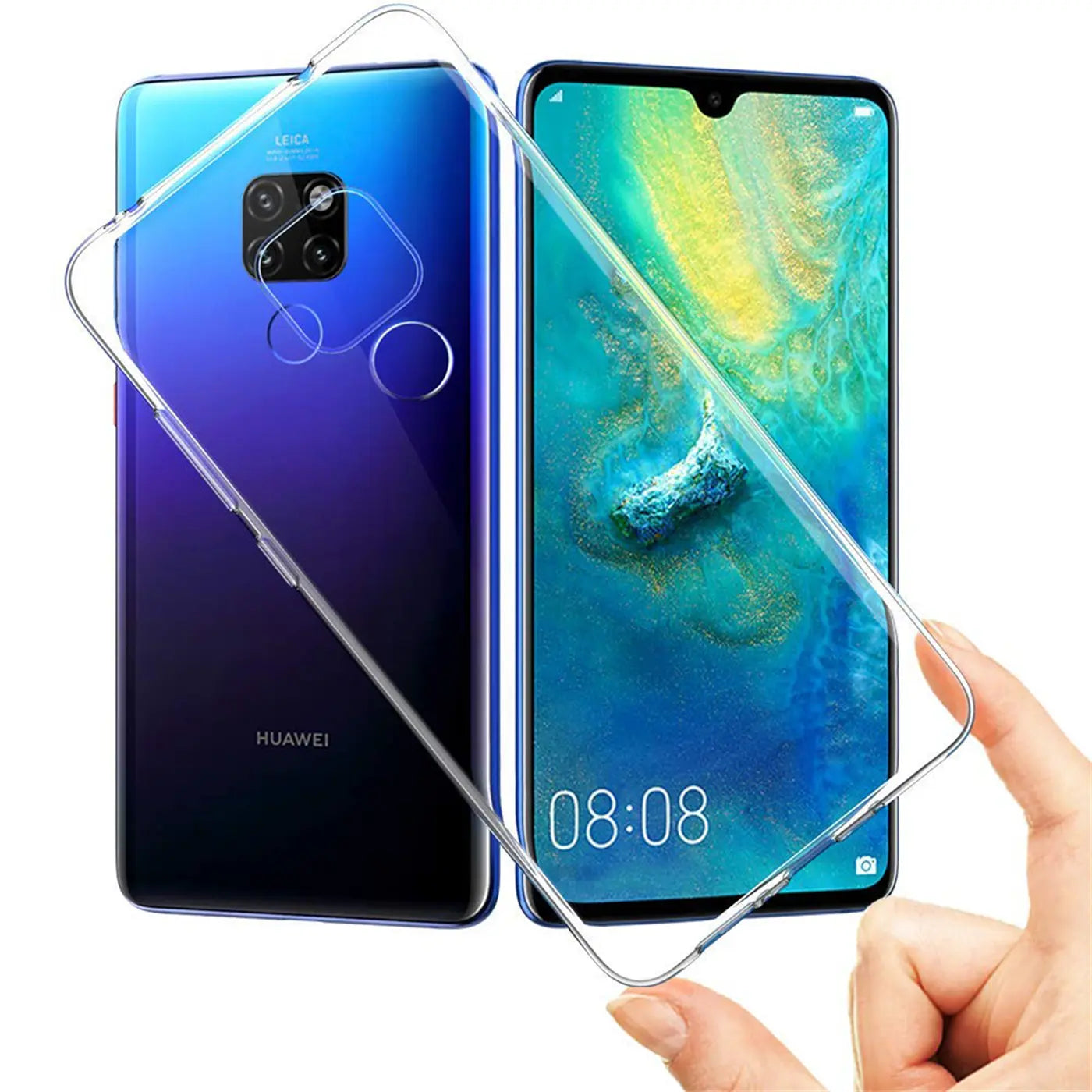 Klares, dünnes Handyhülle aus Kunststoff wird auf ein Huawei Mate 20 gelegt.