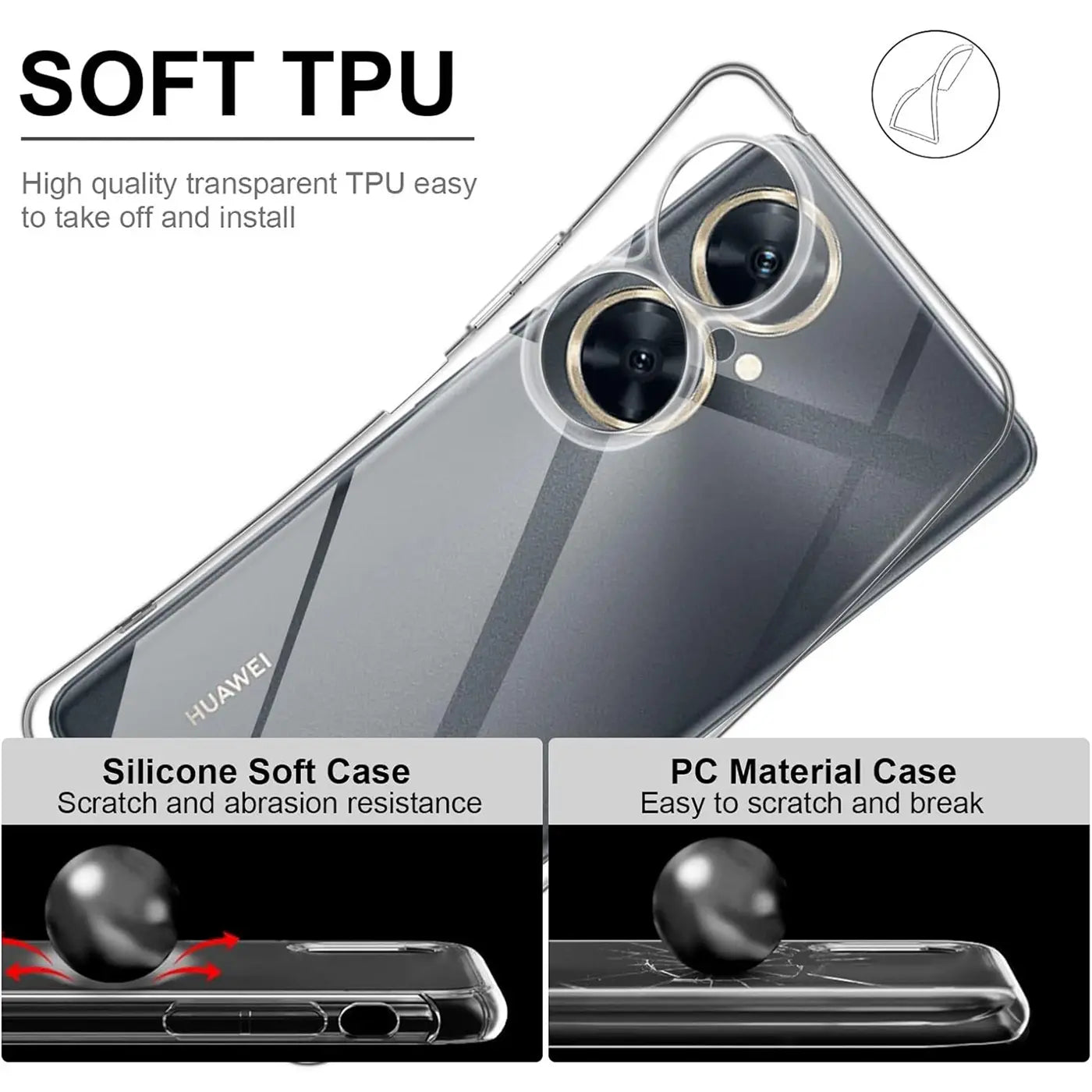 Klar transparente TPU-Hülle für Huawei Nova 11 i, von schräg oben gezeigt.