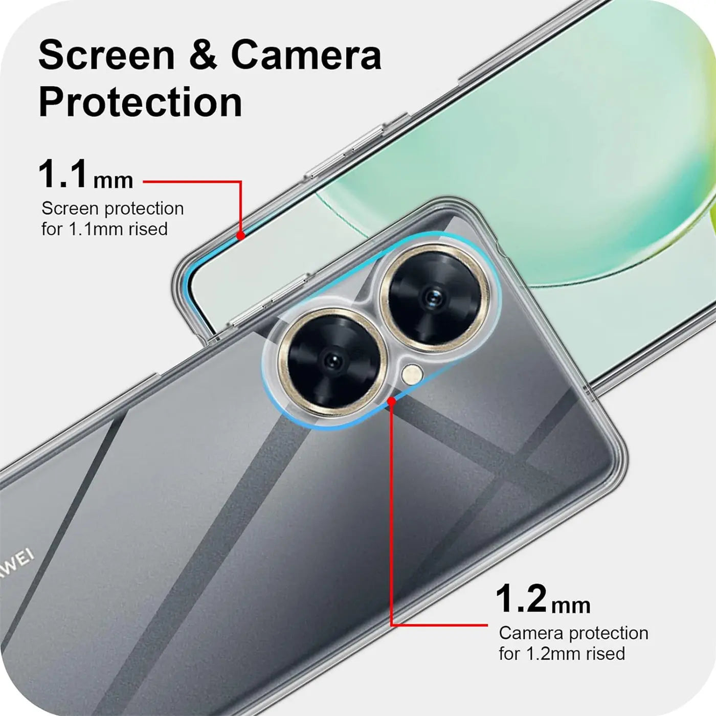 Klares Handyhülle aus TPU, zeigt Huawei Nova 11 i Rückseite & Kamera, Nahaufnahme.