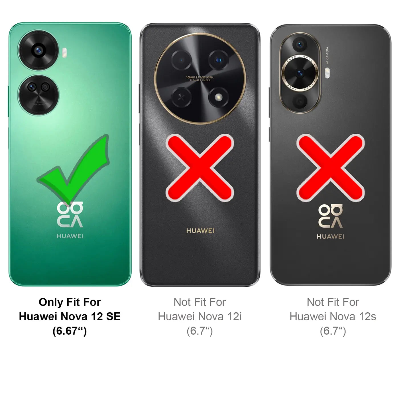 Grünes Huawei Nova 12 SE mit Häkchen; dunkle Handys mit roten Kreuzen.