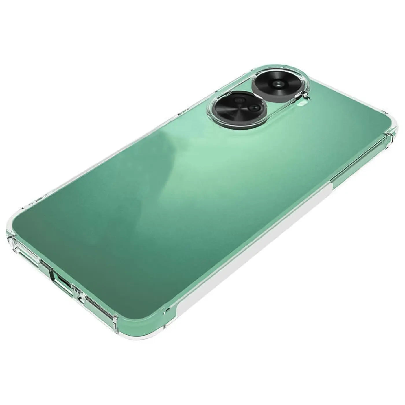 Grünes Huawei Nova 12 SE mit transparentem Slim Case, Rückansicht, von schräg oben.