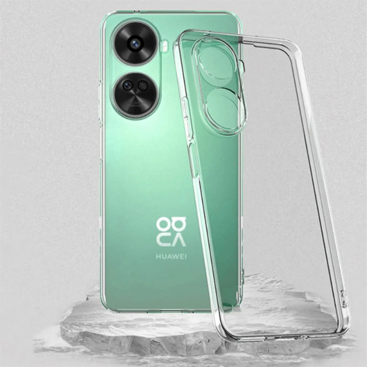 Klares Silikon-Case neben einem grünen Huawei Nova 12 SE, von hinten, Nahaufnahme.