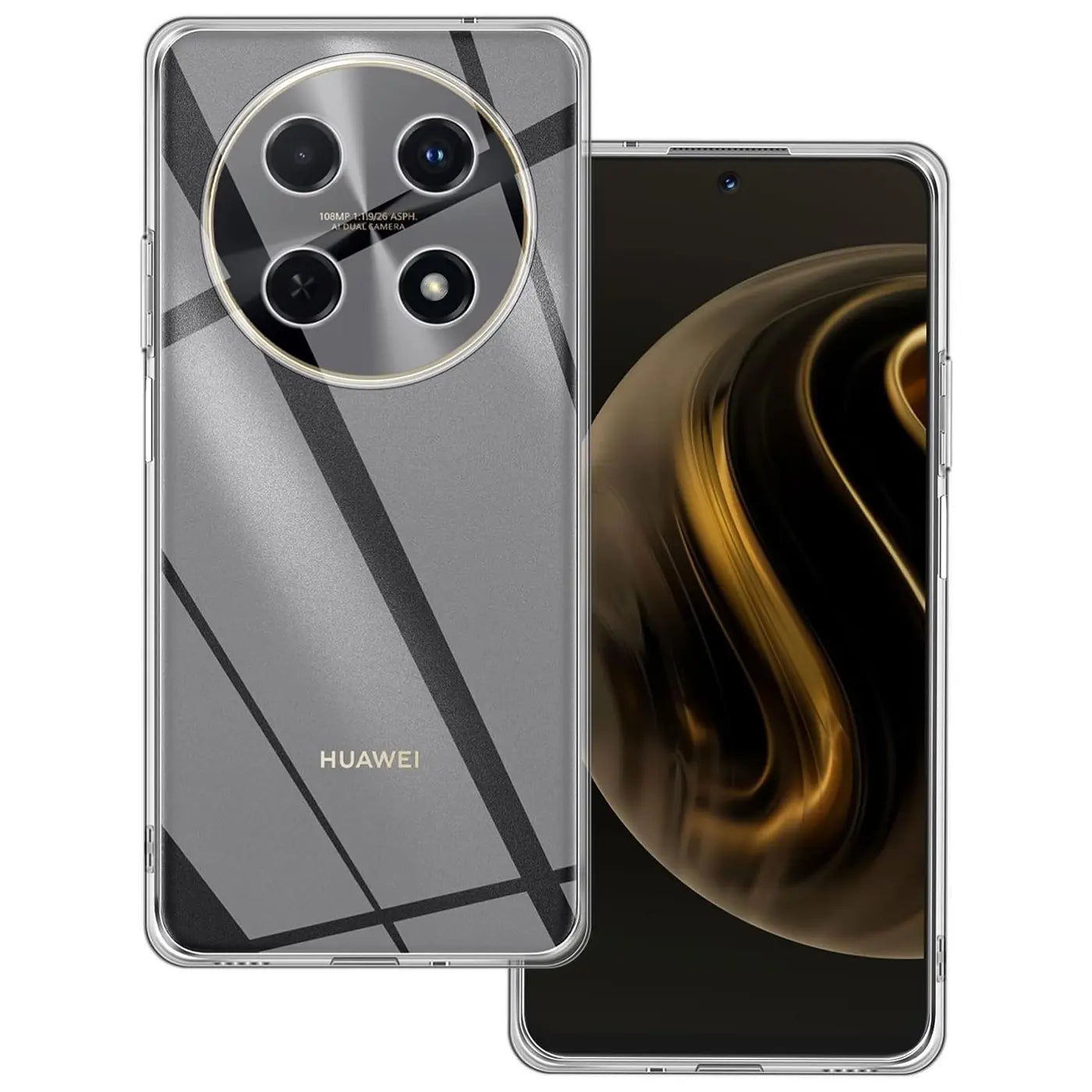 Klarhülle aus Kunststoff mit schwarzem Muster für Huawei Nova 12i, von hinten und vorne gezeigt.