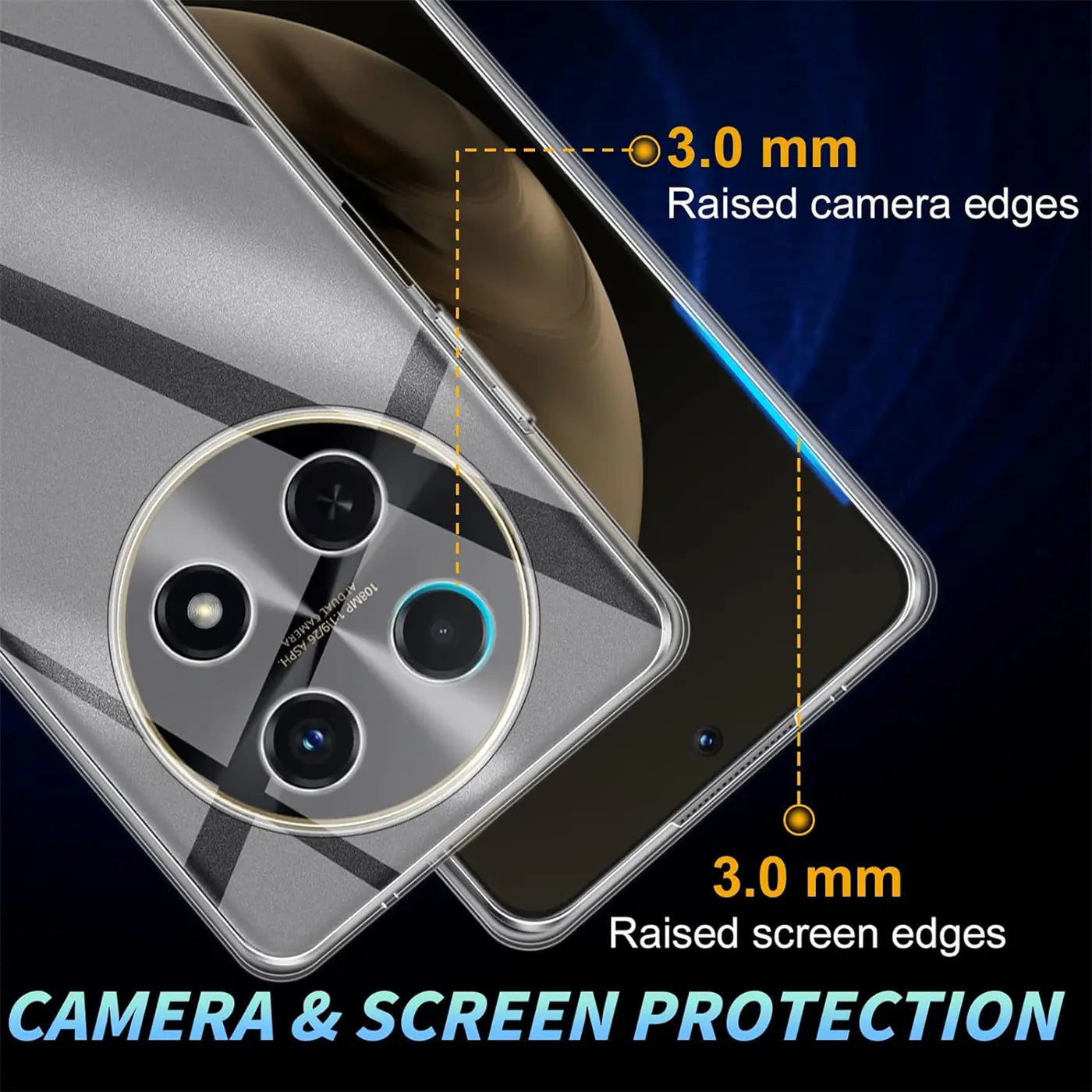 Klarer Handyhülle aus Kunststoff, Nahaufnahme der Rückseite und Kante eines Huawei Nova 12i.