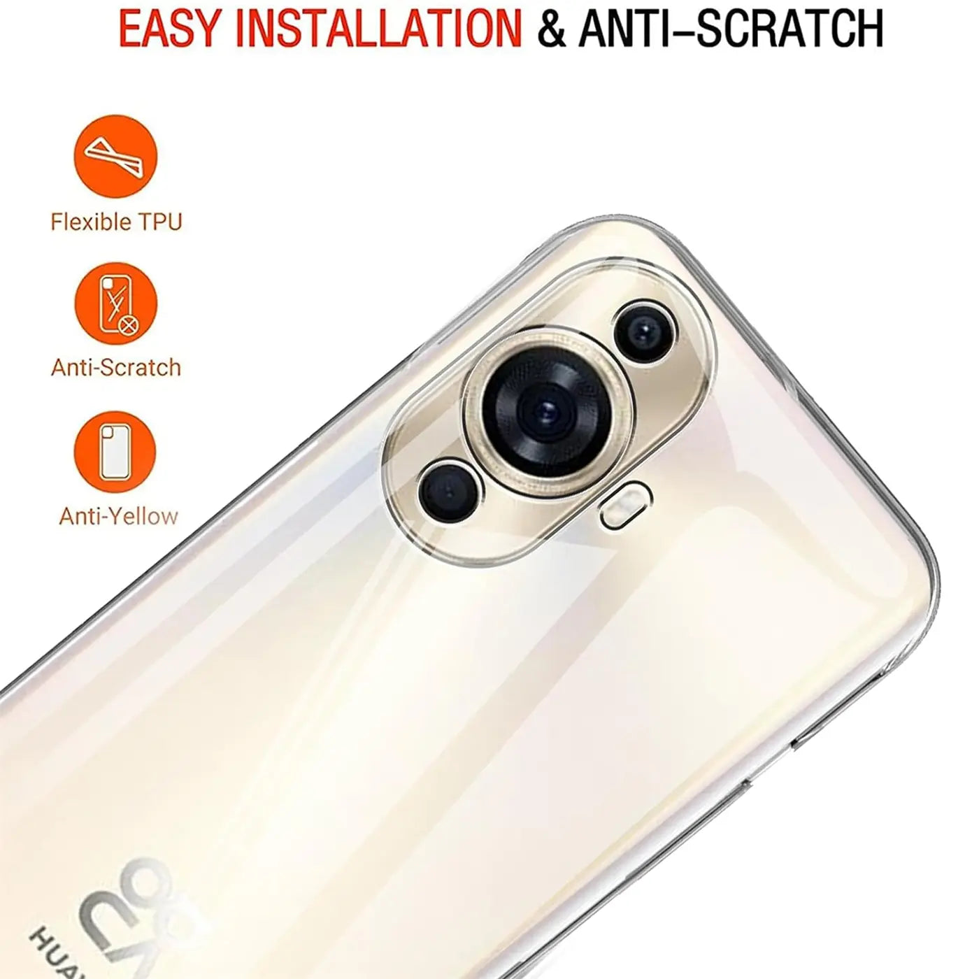 Klar, transparentes TPU-Case auf der Rückseite eines Huawei Nova 12S. Nahaufnahme, von oben rechts.