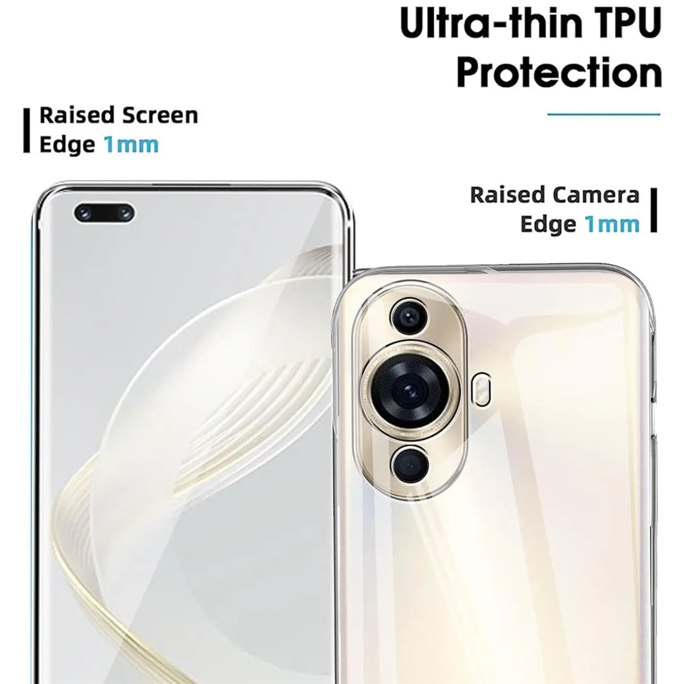 Klar, durchsichtiges TPU-Case auf Huawei Nova 12S, Nahaufnahme Rückseite und Vorderseite.