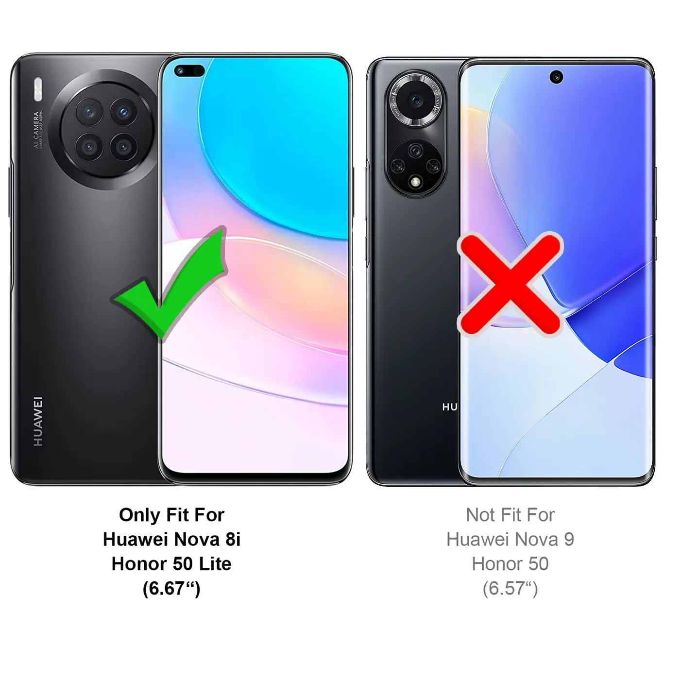 Zwei Huawei-Smartphones nebeneinander, eines mit grünem Haken, das andere mit rotem Kreuz.