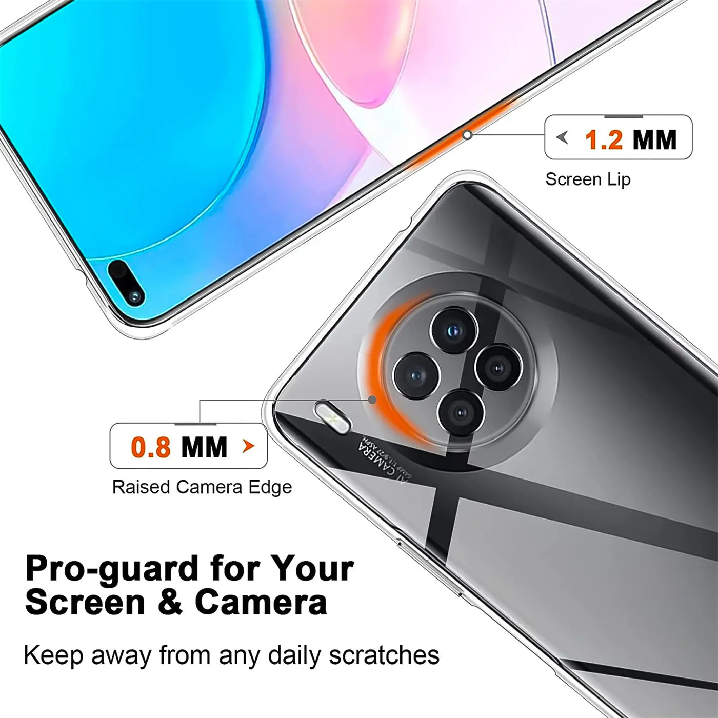 Klar transparente Hülle aus Kunststoff, Rückansicht eines Smartphones mit Kamera, Nahaufnahme.