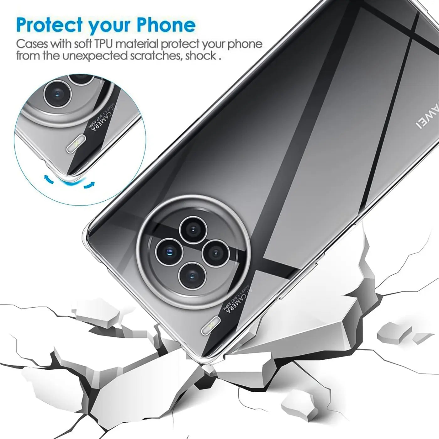 Klar, durchsichtiges TPU-Case auf Huawei Nova 8i / Honor 50 Lite, Rückansicht, Nahaufnahme.