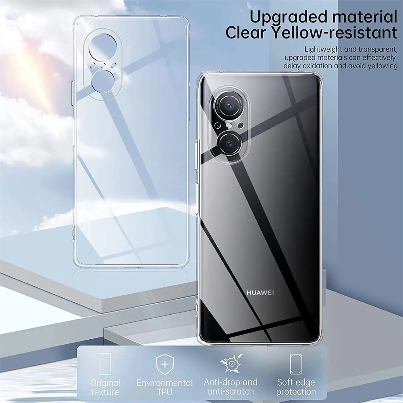 Klar, transparentes TPU-Case auf Huawei Nova 9 SE, Rückansicht, leicht schräg.