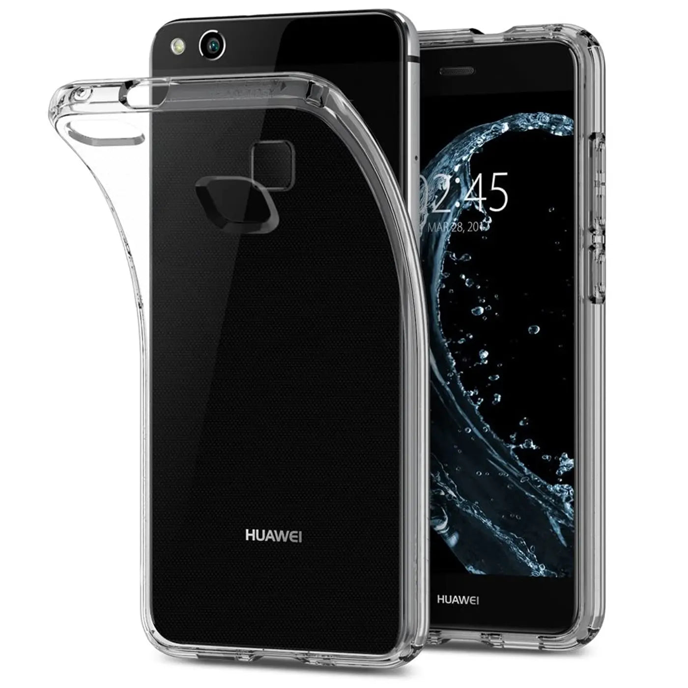 Klares Silikon-Case über Huawei P10 Lite, Rückseite und Vorderseite sichtbar, von vorne links