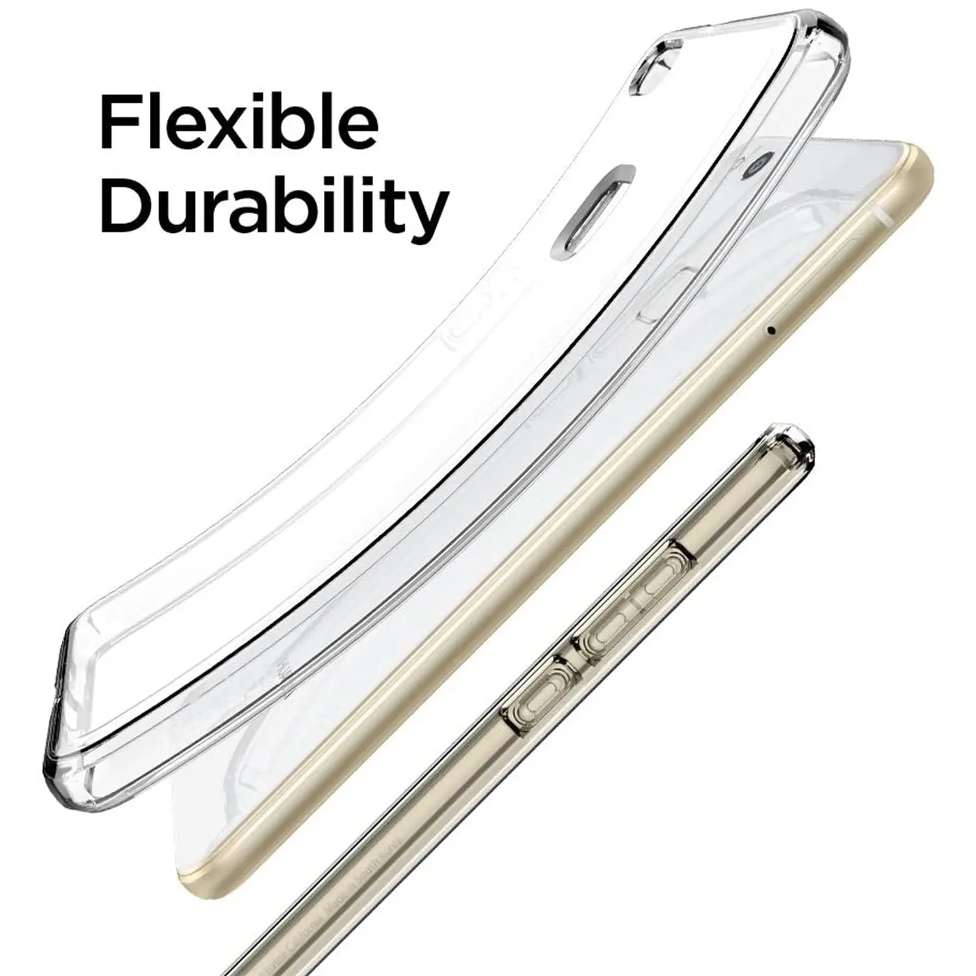 Klarer, flexibler Kunststoff-Case über einem goldenen Huawei P10 Lite, Seitenansicht.