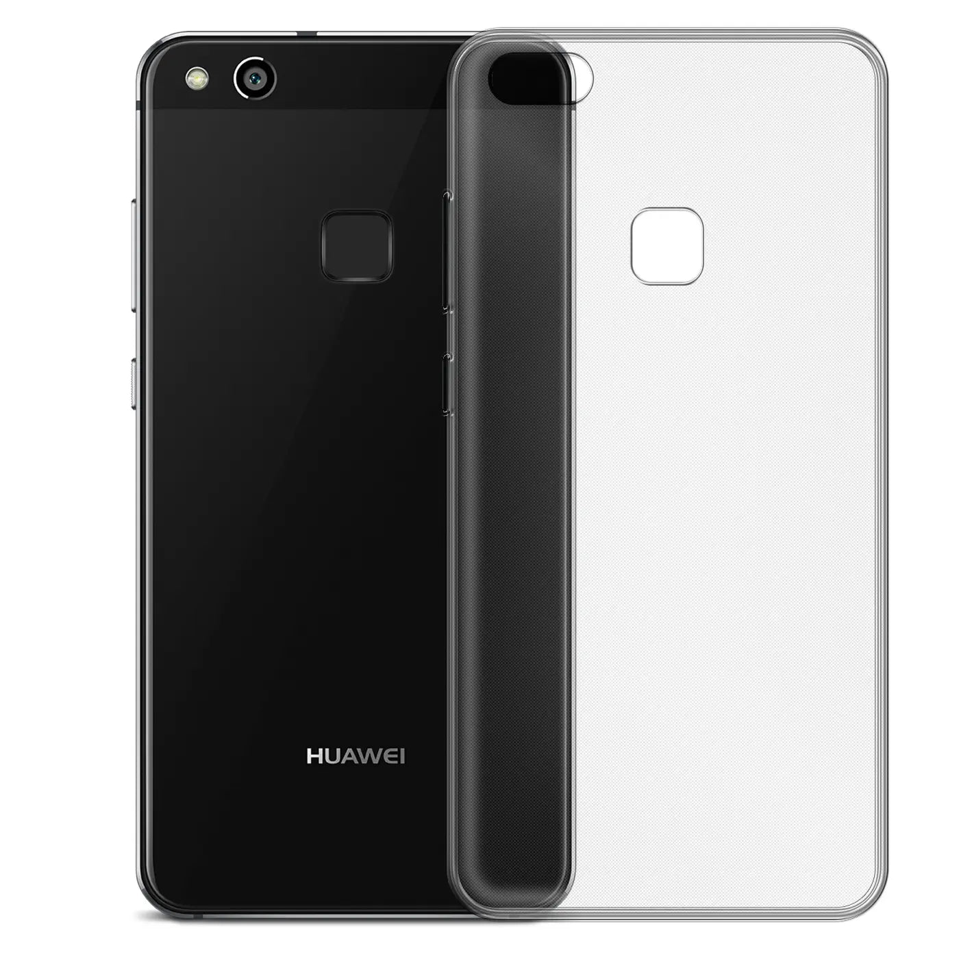 Schwarzes Huawei P10 Lite neben transparentem Slim Case, Rückansicht, Nahaufnahme