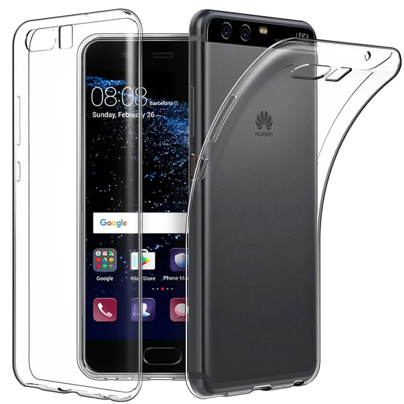 Klares, flexibles Handyhülle aus Kunststoff, seitliche Ansicht, zeigt Huawei P10.