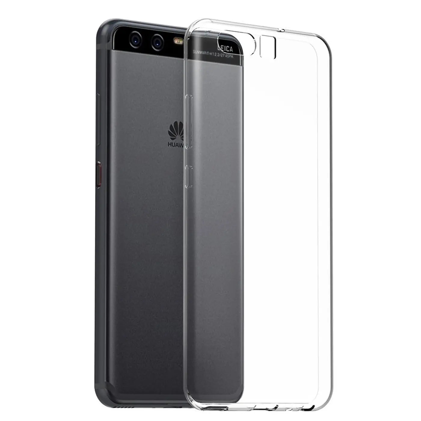 Klares, dünnes TPU-Case liegt neben einem Huawei P10. Von vorne links.