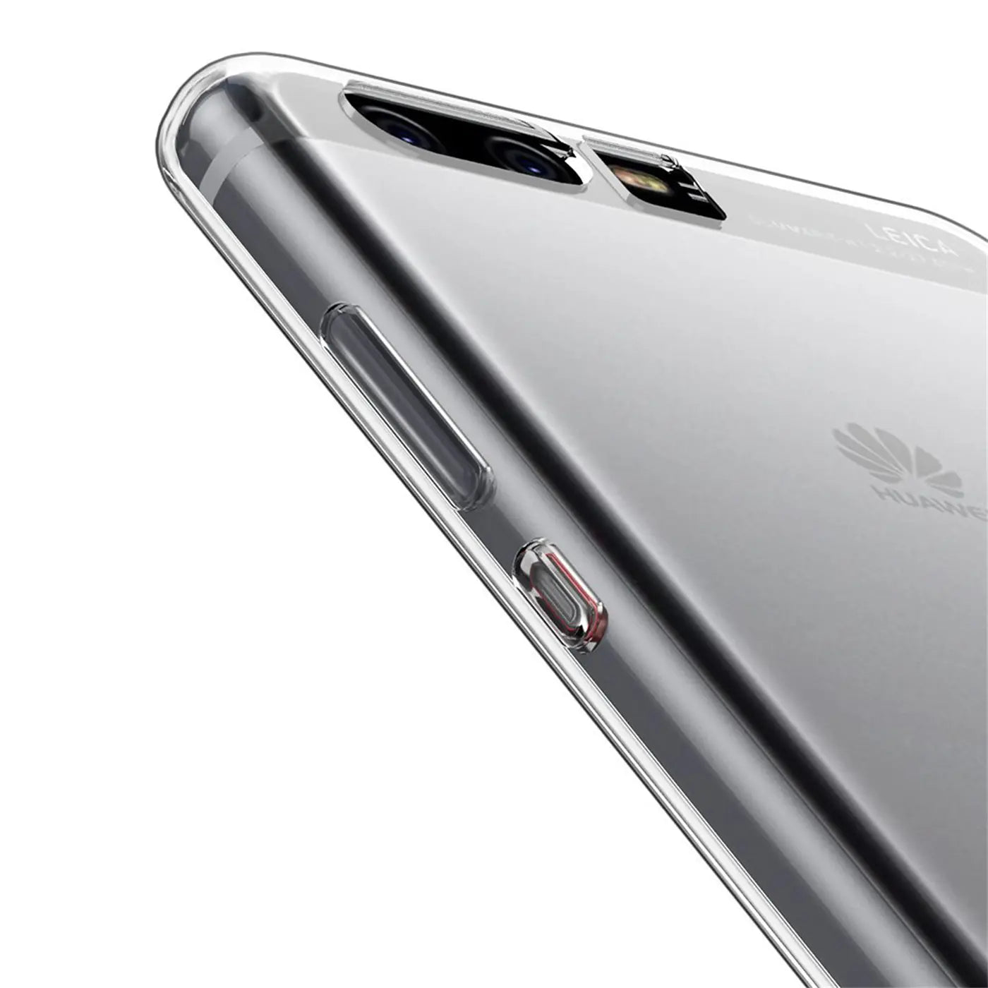 Klares, transparentes Huawei P10 mit Hülle, Nahaufnahme, Seitenansicht.