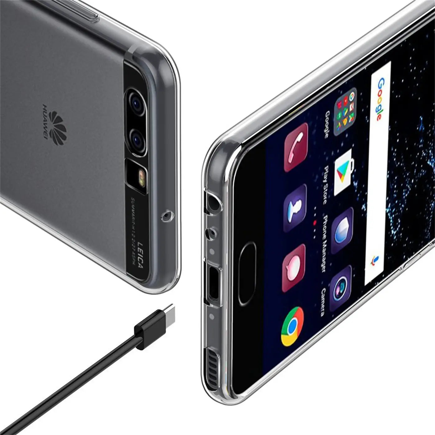 Huawei P10 mit transparentem Case, Vorder- und Rückansicht, USB-C-Kabel.