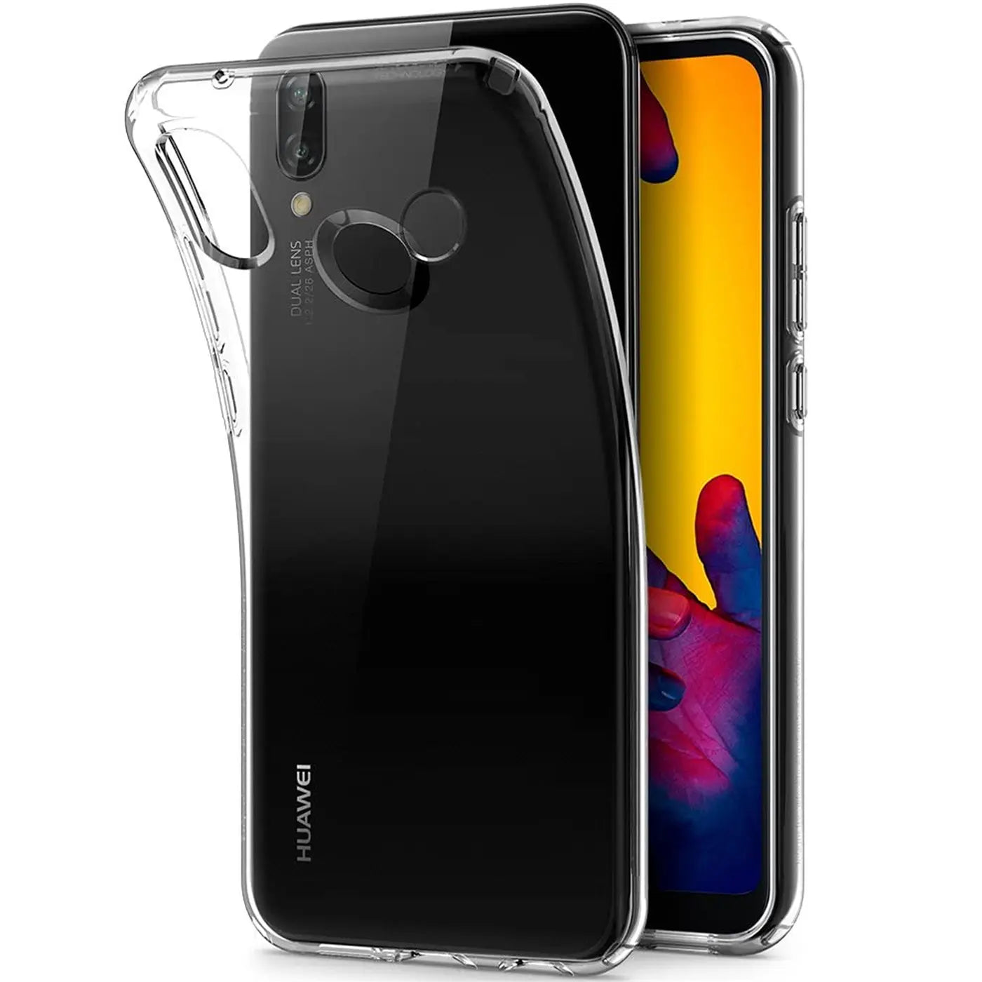 Klares, transparentes Silikon-Case auf einem Huawei P20 Lite, von schräg vorne gesehen.