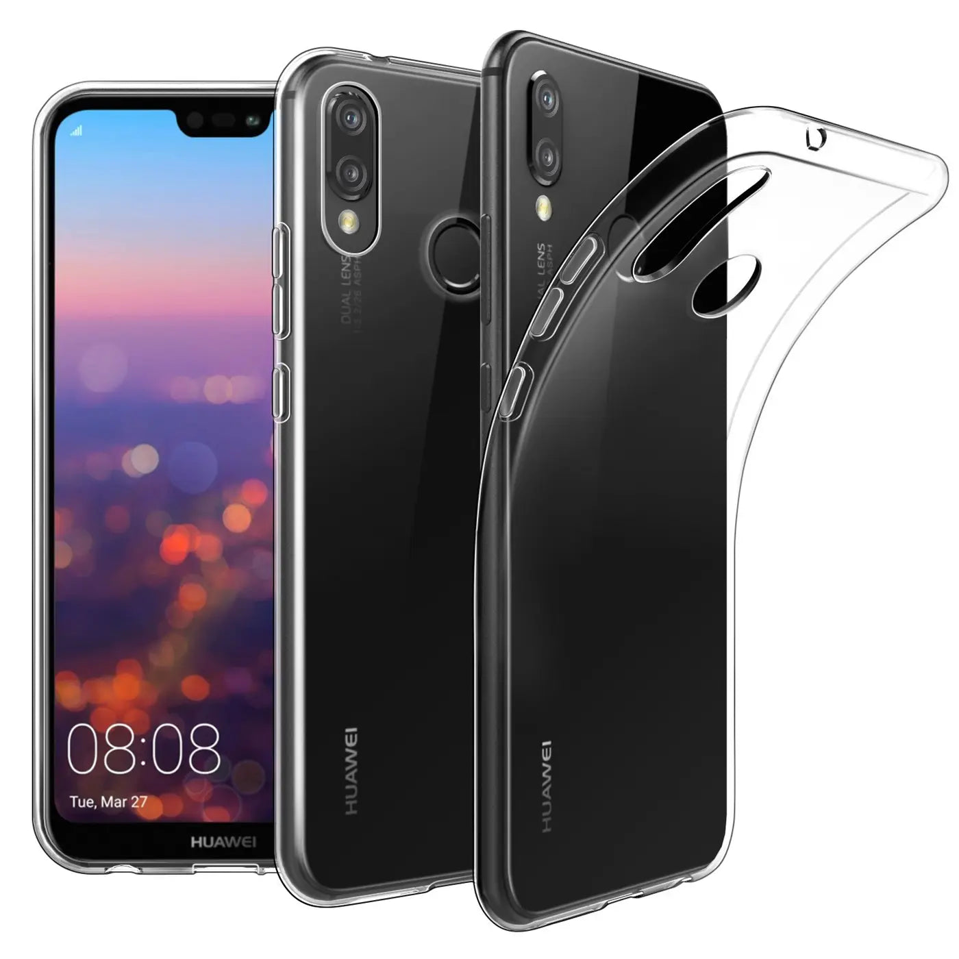 Klar, transparentes TPU-Case für Huawei P20 Lite, von vorne und hinten gezeigt.