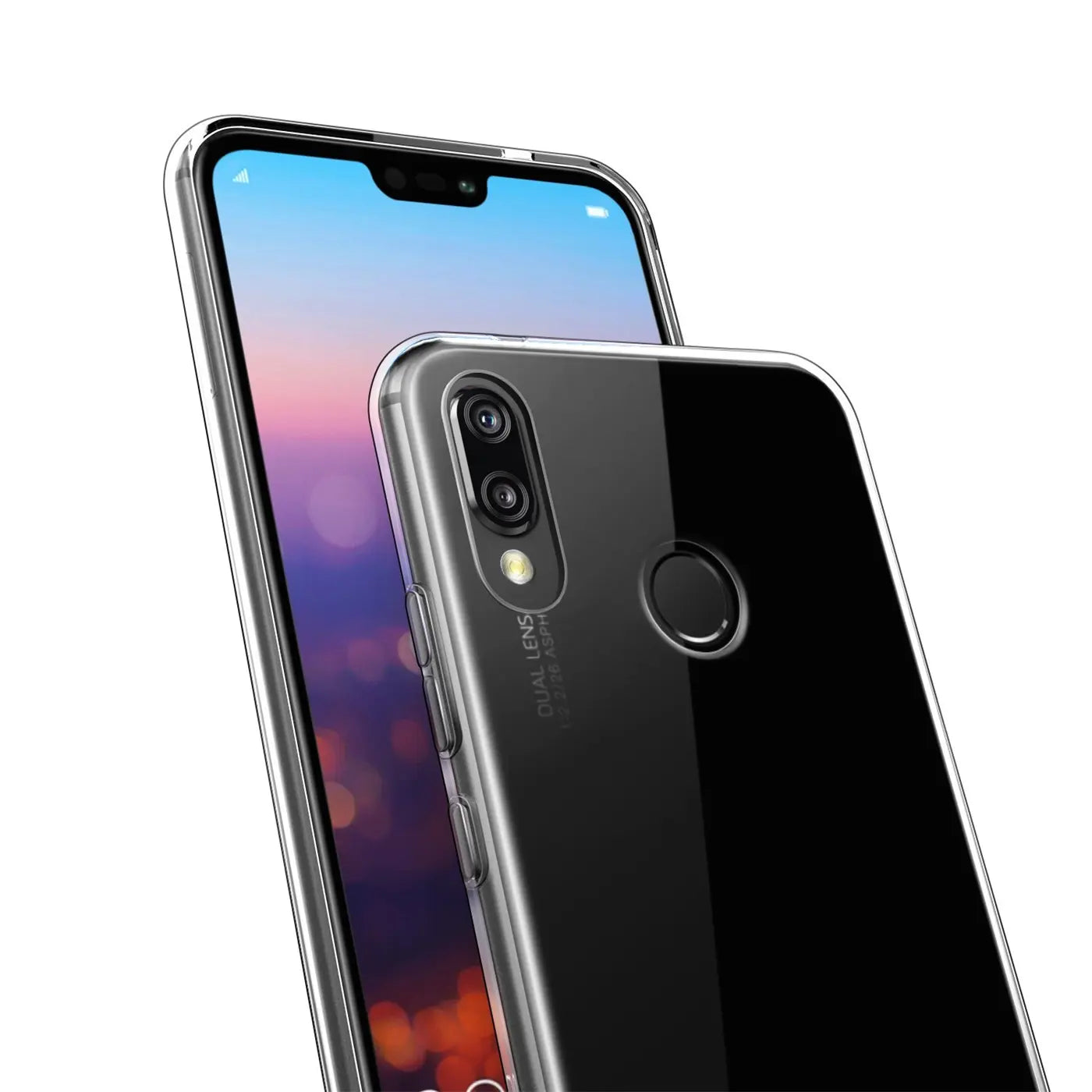 Klares, dünnes Handy-Case aus Kunststoff, das ein Huawei P20 Lite zeigt, von schräg oben.