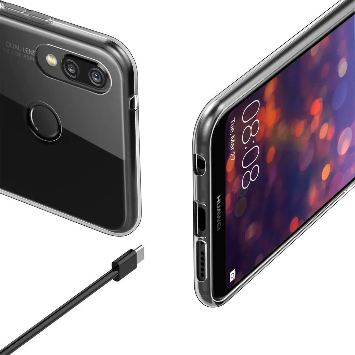 Huawei P20 Lite in transparentem Case, von vorne und hinten gezeigt, mit Ladekabel.