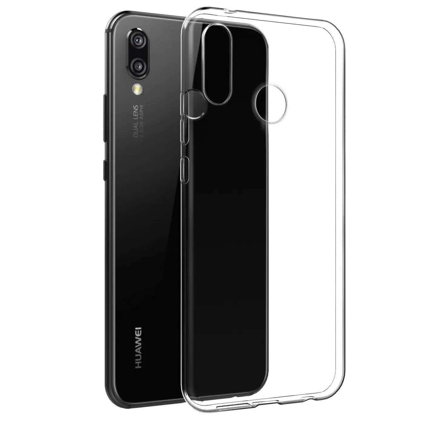 Klar transparente Handyhülle aus Silikon neben schwarzem Huawei P20 Lite, Seitenansicht.