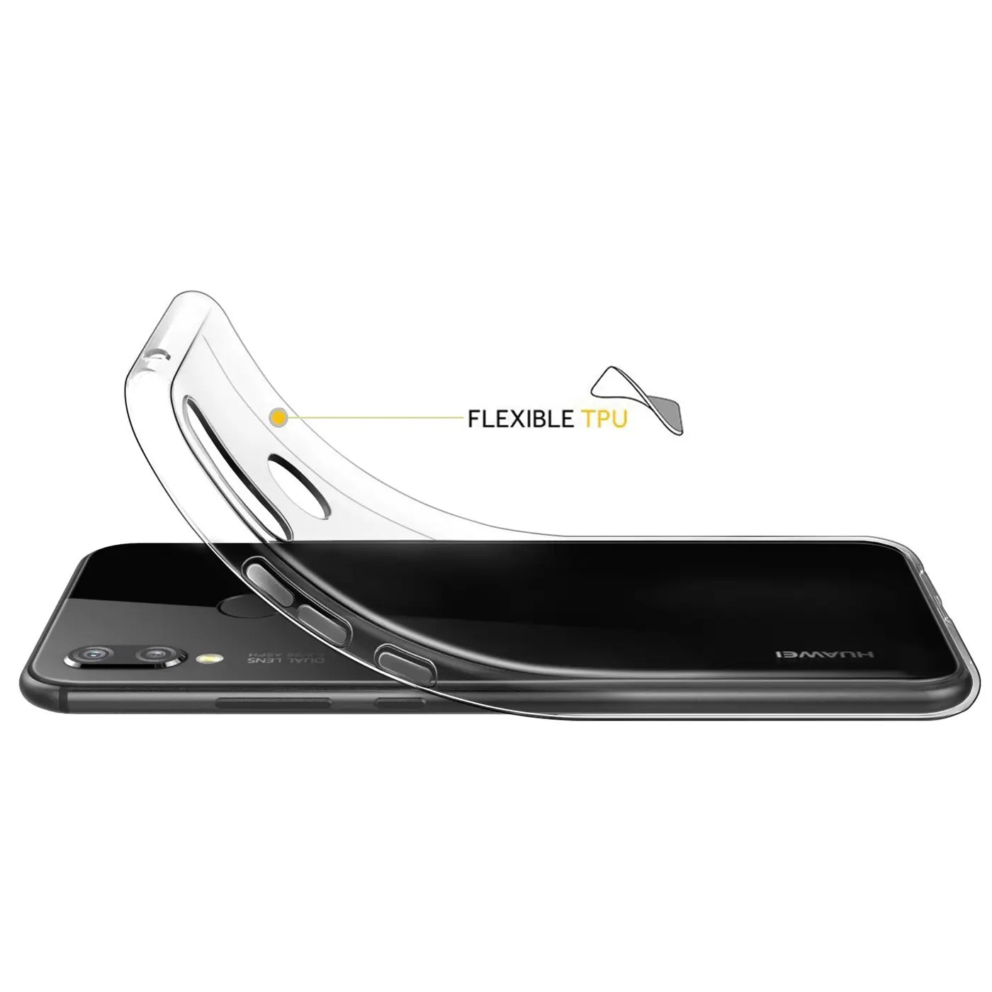 Klares TPU-Case wird auf ein Huawei P20 Lite gelegt, Seitenansicht.
