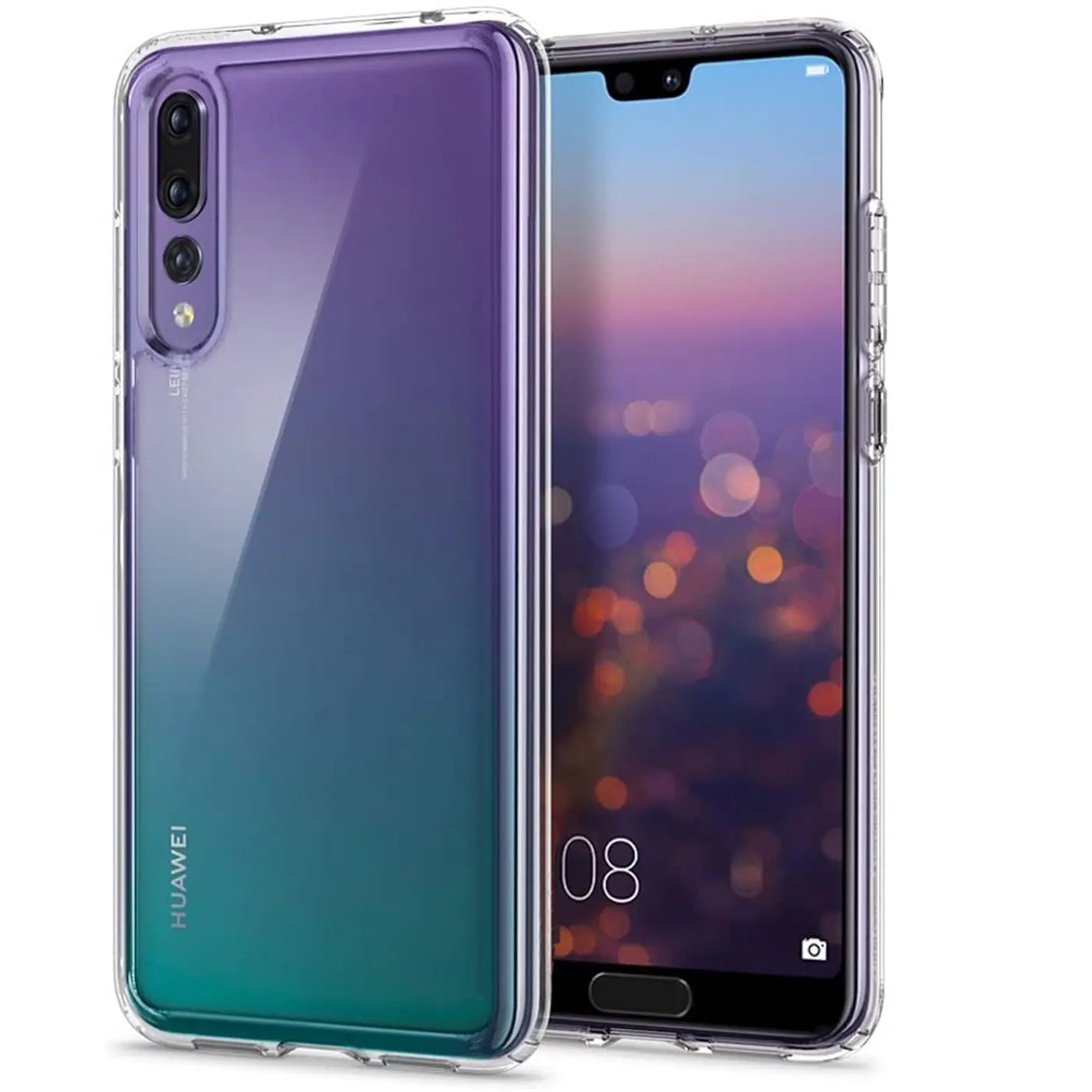 Klares Huawei P20 Pro Handy mit Farbverlauf (lila/grün) in transparentem Silikon-Case, Vorder- und Rückansicht.