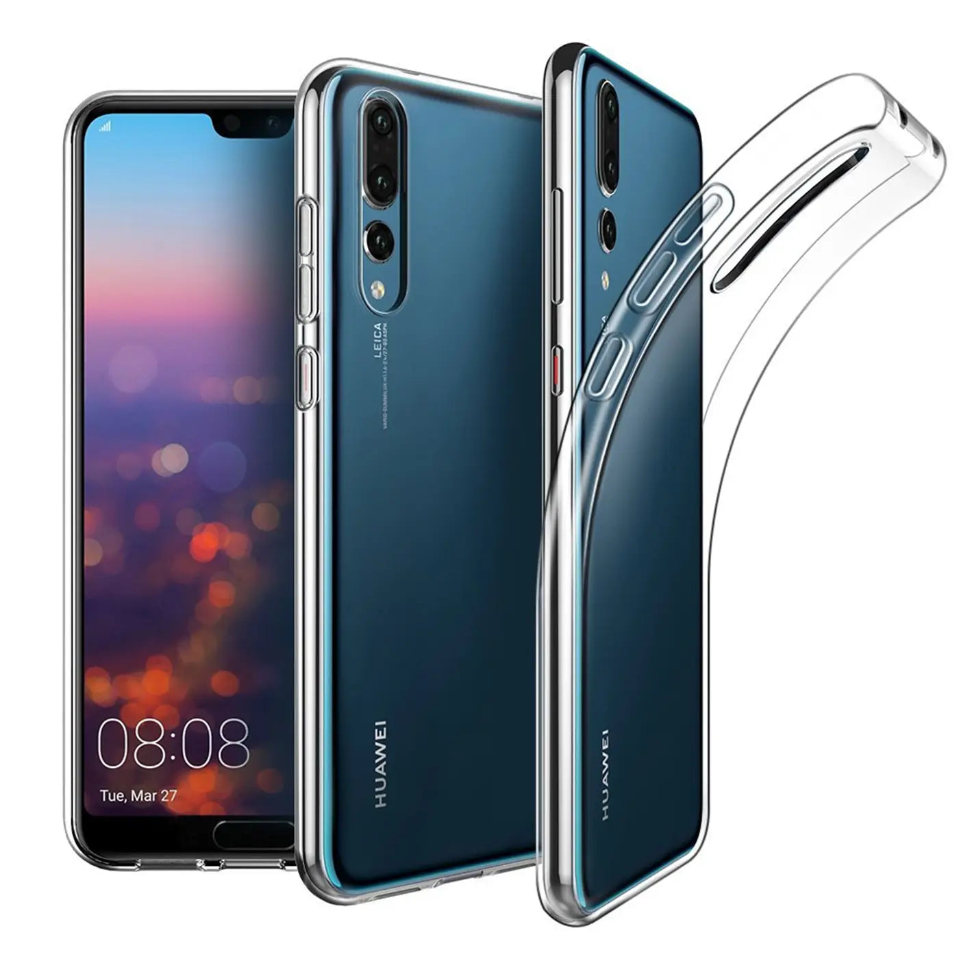 Klares, flexibles Huawei P20 Pro Handycase, von vorne und von der Seite gezeigt.