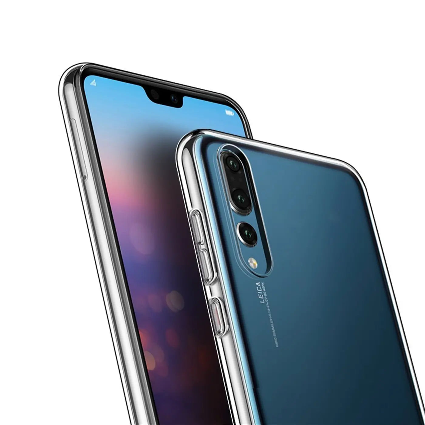 Klares, schlankes Handy-Case aus Kunststoff, zeigt Huawei P20 Pro von vorne und hinten, Nahaufnahme.