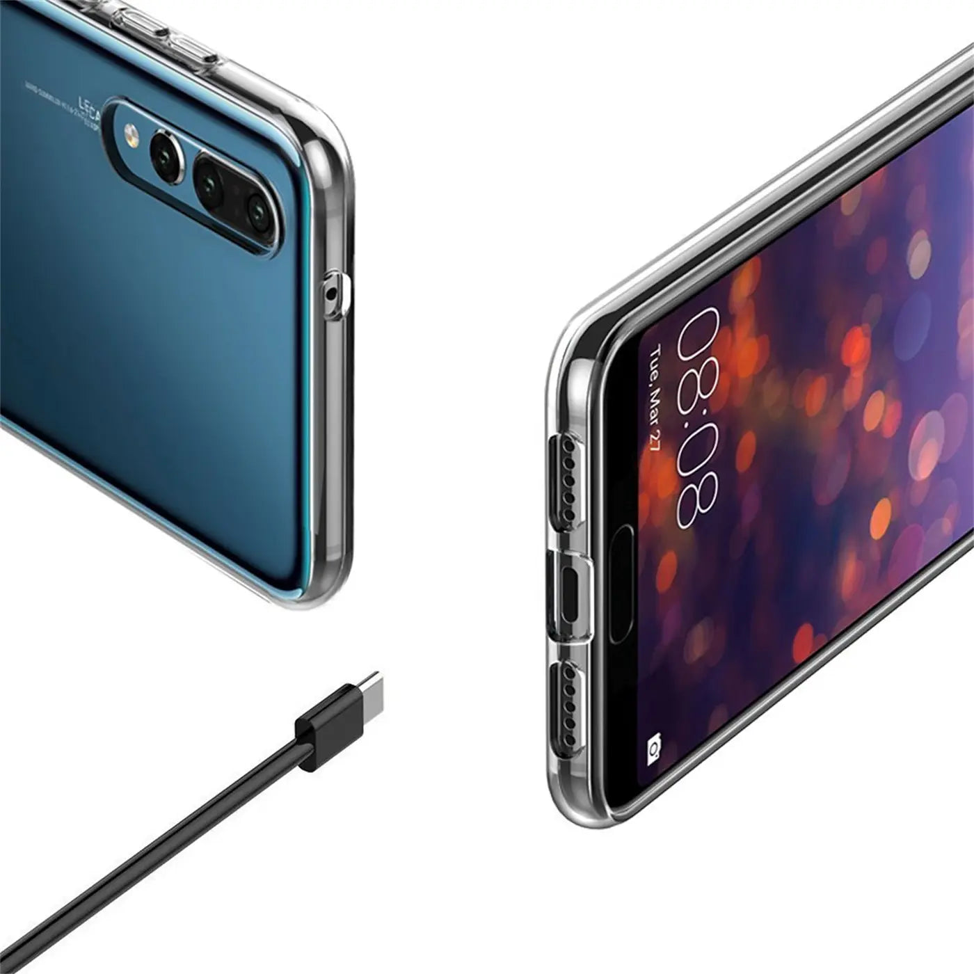 Klarhülle aus Kunststoff, zeigt Huawei P20 Pro von hinten und vorne, USB-C Kabel.