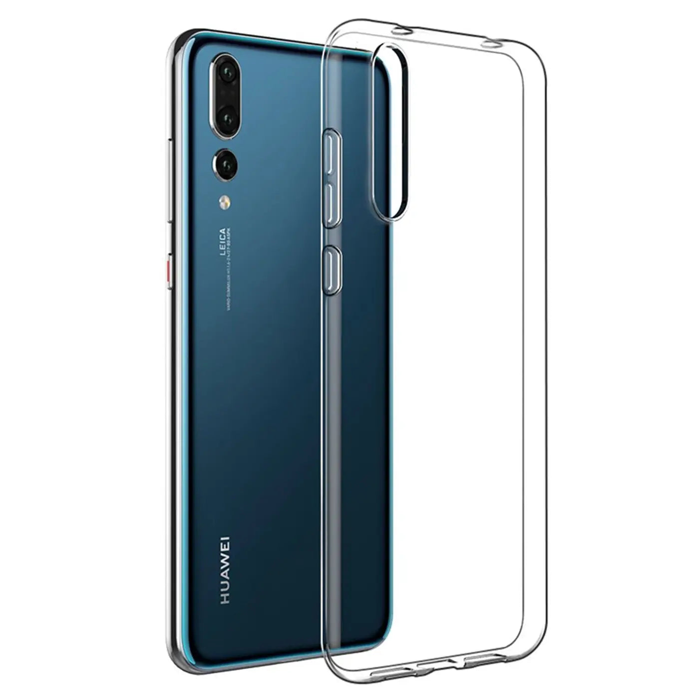 Klares, schlankes Handy-Case aus Kunststoff neben einem Huawei P20 Pro, von hinten gesehen.