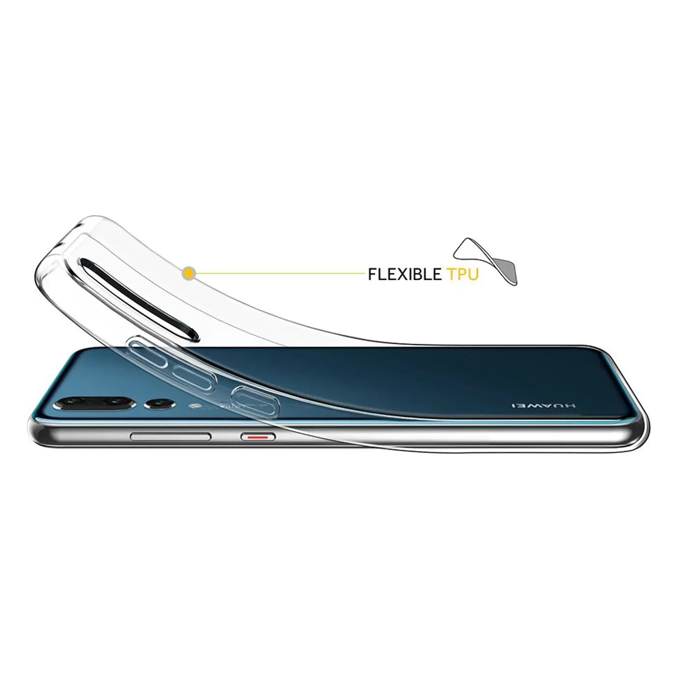 Klar TPU-Hülle, schräg von oben, auf Huawei P20 Pro liegend.