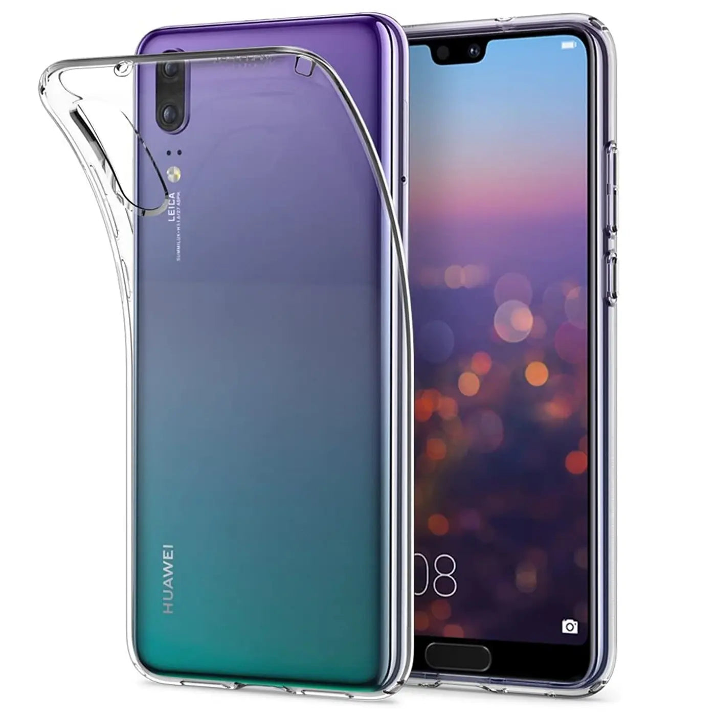 Klares, flexibles Silikon-Case auf einem Huawei P20 mit Farbverlauf. Von vorne.