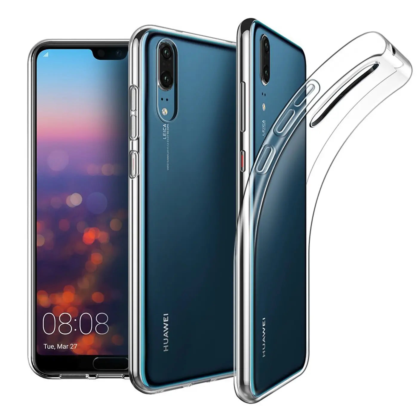 Klares, dünnes Huawei P20 Handy-Case aus Kunststoff, von vorne und hinten gezeigt.