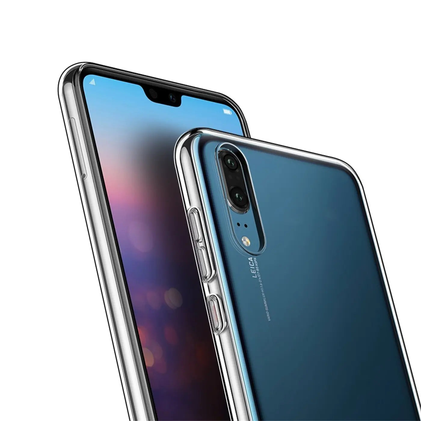 Klar, transparentes Huawei P20 Case, von schräg oben, Rückseite und Vorderseite sichtbar.