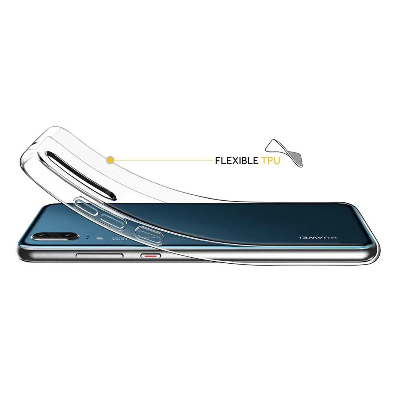 Klar transparente TPU-Hülle wird auf Huawei P20 aufgelegt, Seitenansicht.