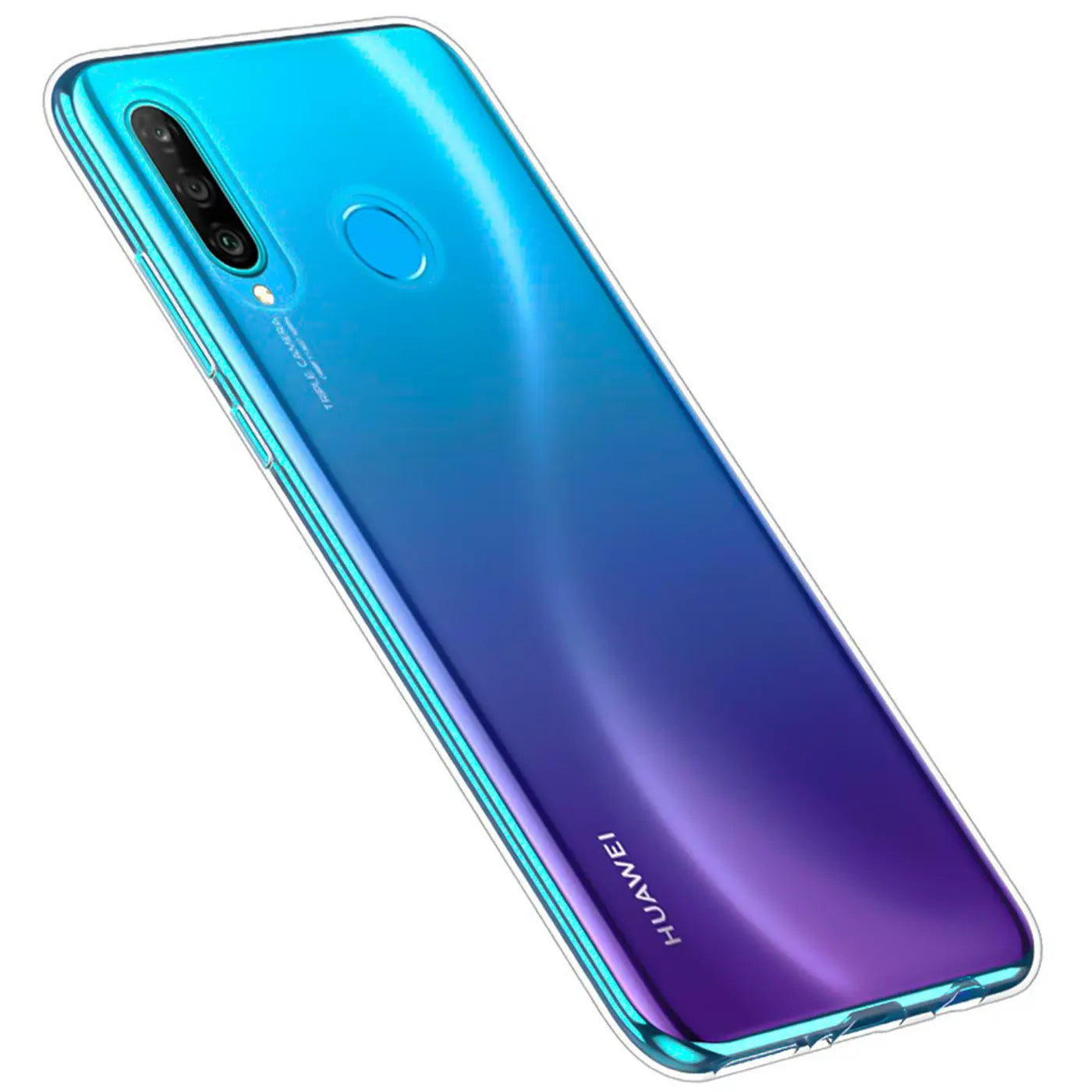 Huawei P30 Lite in klarem, flexiblem Case, von schräg oben.