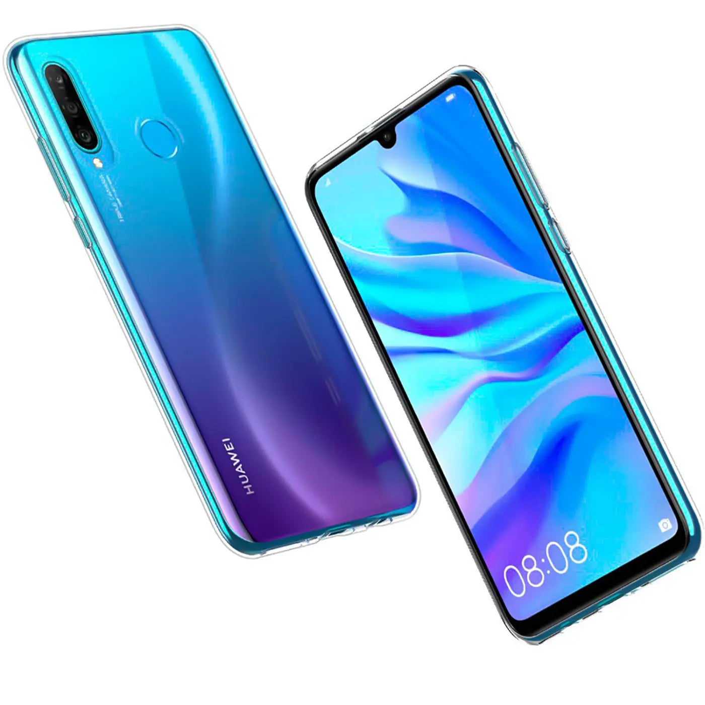 Huawei P30 Lite in transparentem Case, von schräg oben, Rückseite und Vorderseite sichtbar.