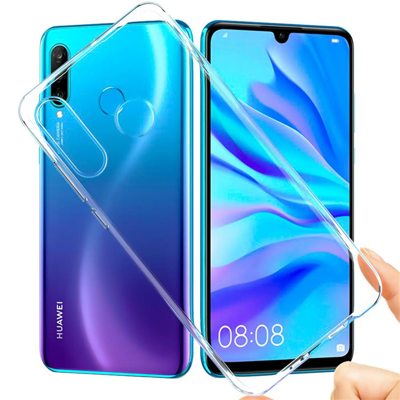 Klares, dünnes Handyhülle aus Kunststoff, Vorder- und Rückansicht eines Huawei P30 Lite.