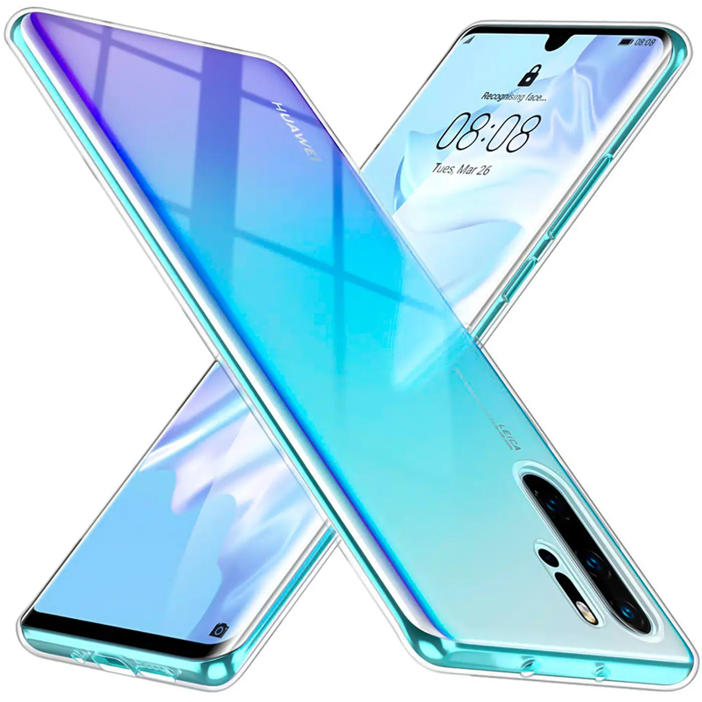 Zwei Huawei P30 Pro in klaren Hüllen, von oben/seitlich, blau/türkis.