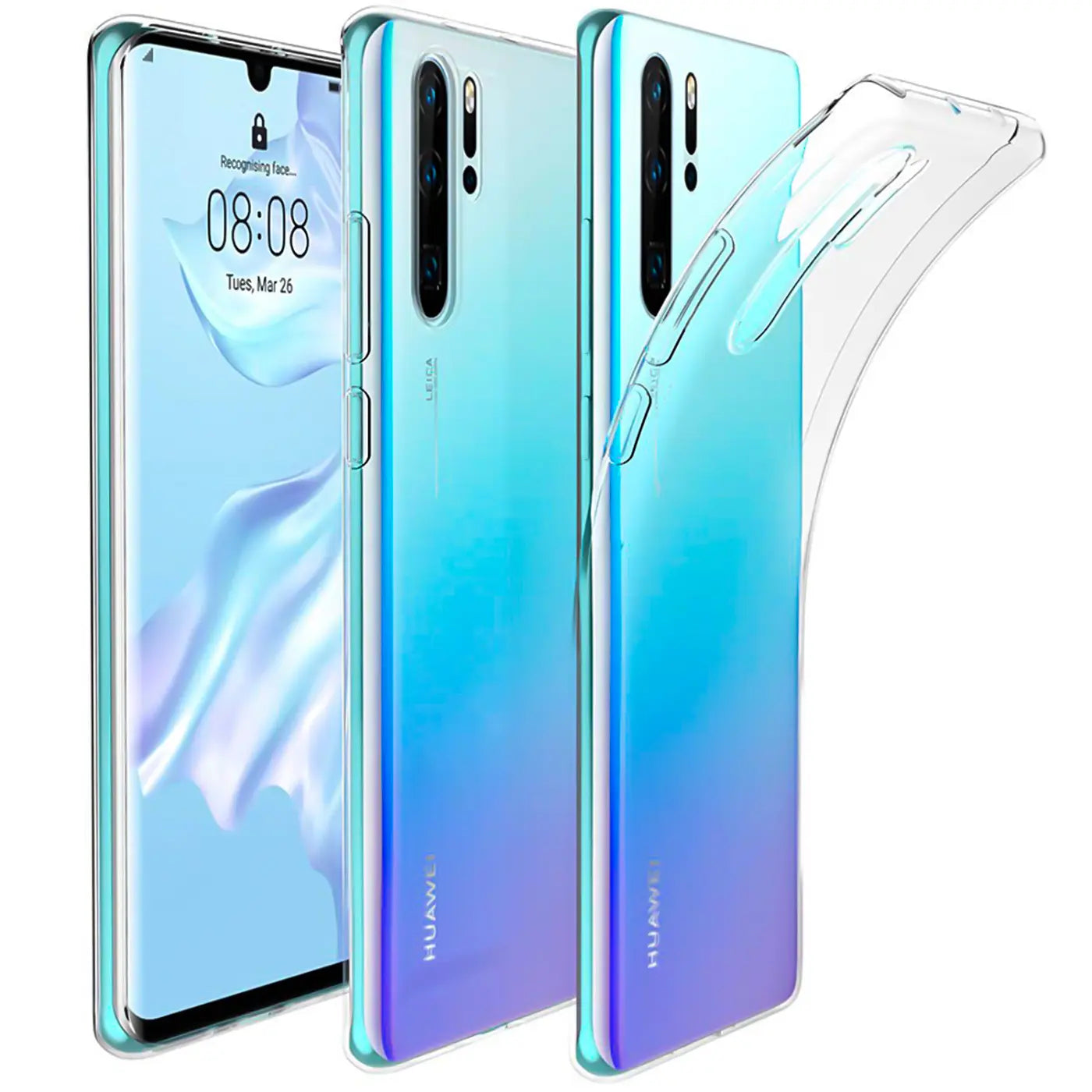 Klar, durchsichtiges Silikon-Case um ein Huawei P30 Pro, von vorne und hinten gezeigt.