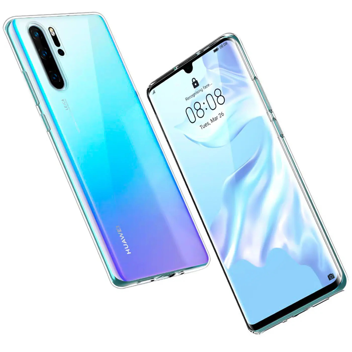 Huawei P30 Pro in klarem, dünnem Case, von schräg oben, Rückseite und Vorderseite sichtbar.