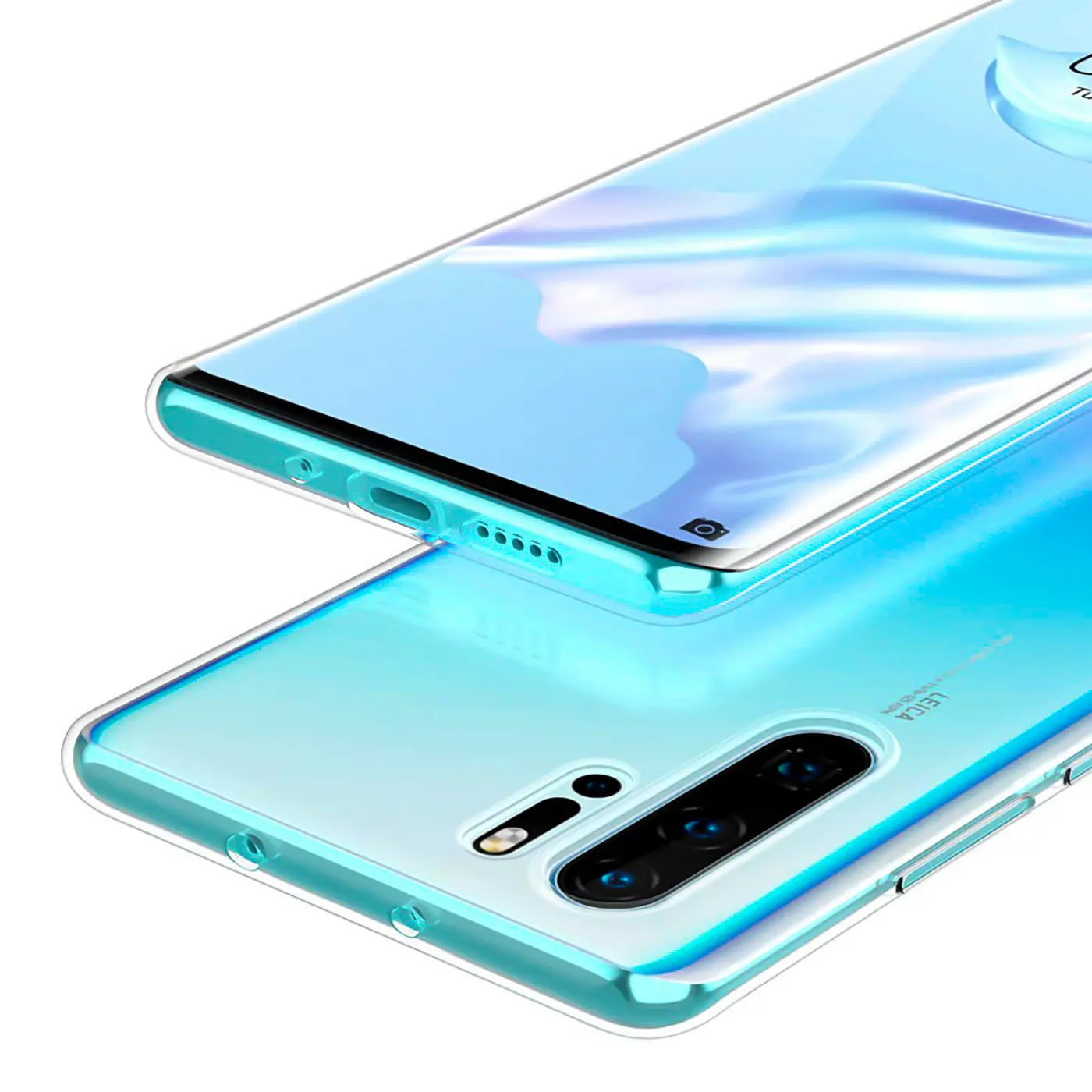 Klares, dünnes Handyhülle aus Kunststoff, zeigt Huawei P30 Pro von oben und unten, Nahaufnahme.