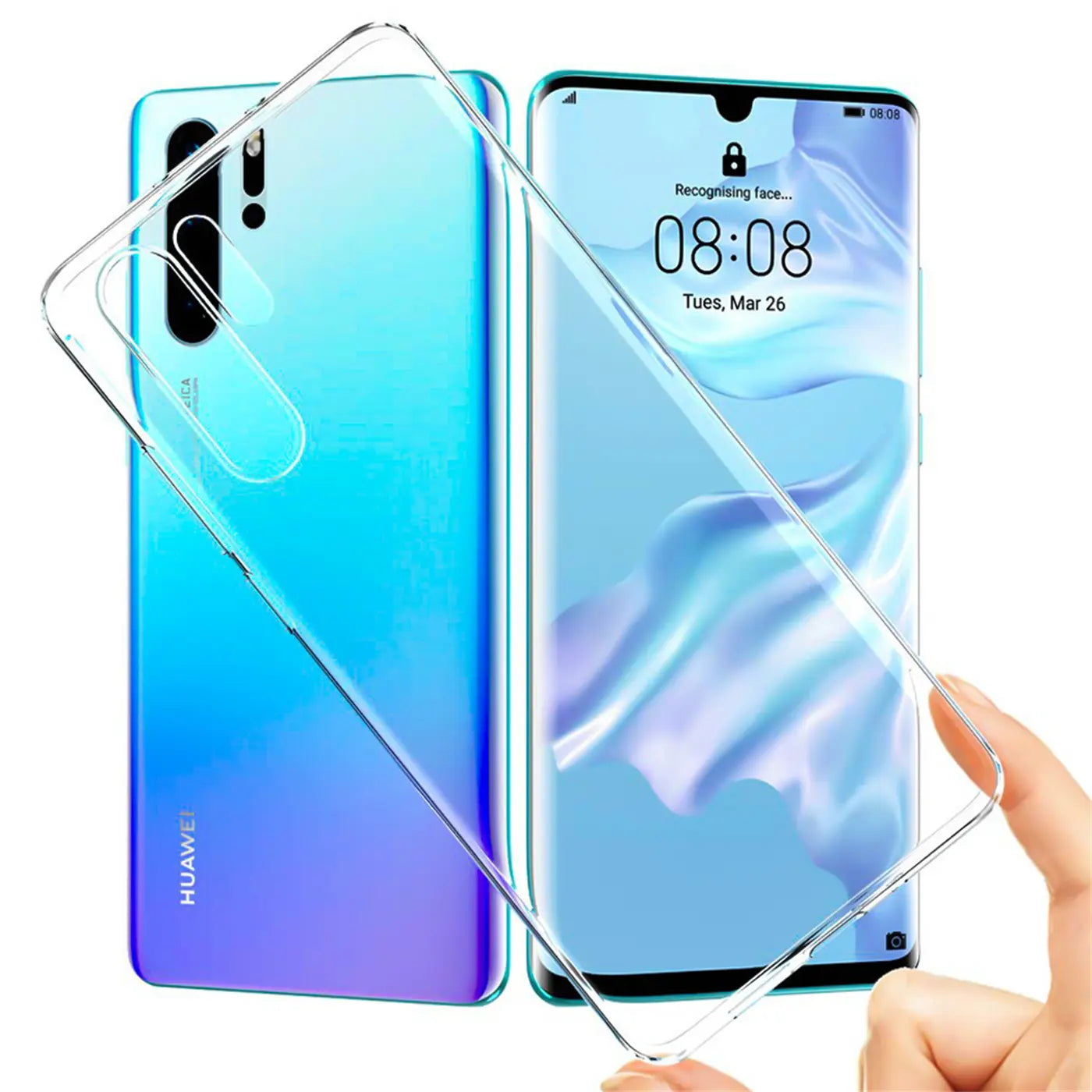 Klarhülle aus Kunststoff für Huawei P30 Pro, von vorne und hinten gezeigt.